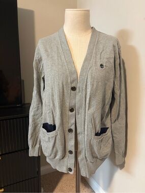 Timberland Light Gray Button-Up V-Neck Cardigan with Navy Trim